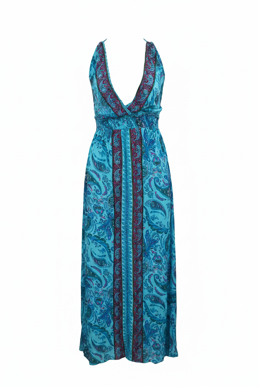 Robe Longue Paisley Turquoise Dos Nu Bretelles Croisées Palak - Taille Unique