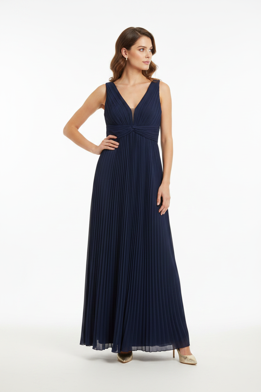 Robe Longue Maxi Bleu Marine Col V Plissée Play Pronto Moda - Taille L/XL