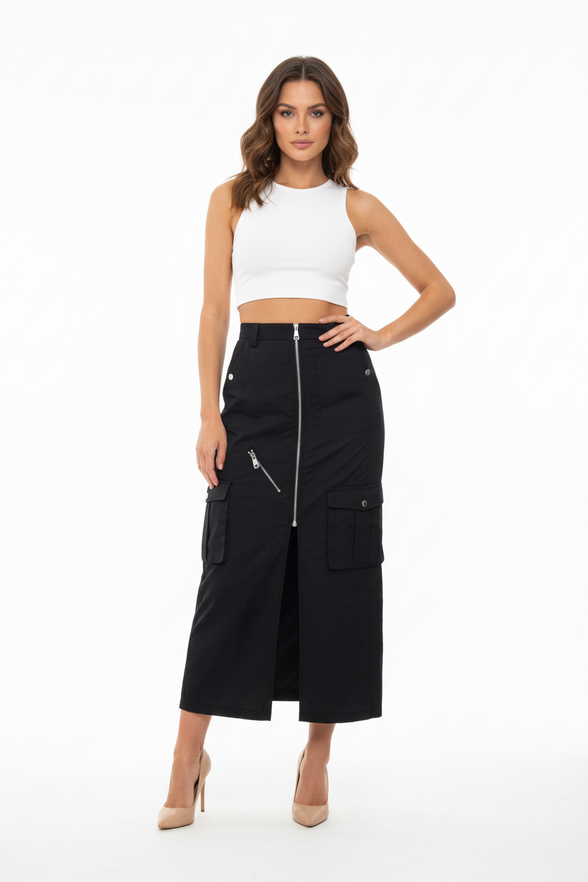Jupe Longue Cargo Noire Multi-Poches Zips Argentés - Trendy.ing - Taille M - Made in Italy - Pièce unique