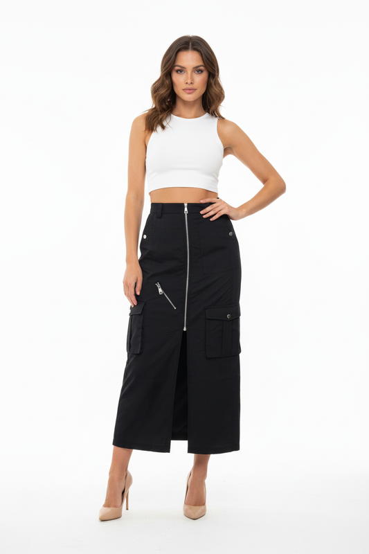 Jupe Longue Cargo Noire Multi-Poches Zips Argentés - Trendy.ing - Taille M - Made in Italy - Pièce unique