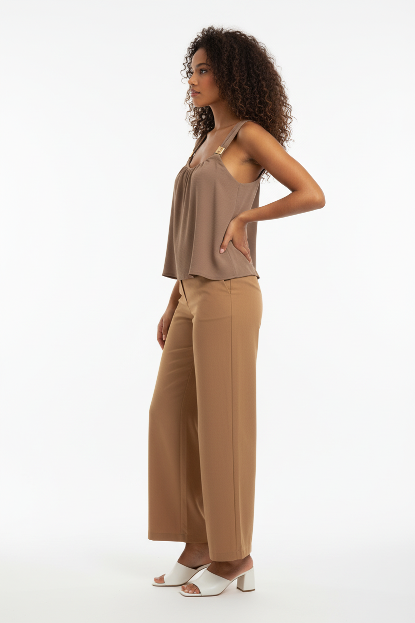 Haut Taupe - LA STELLA - Bretelles Larges & Boucles Dorées - Taille 36-38 - Made in Italy - Pièce Unique