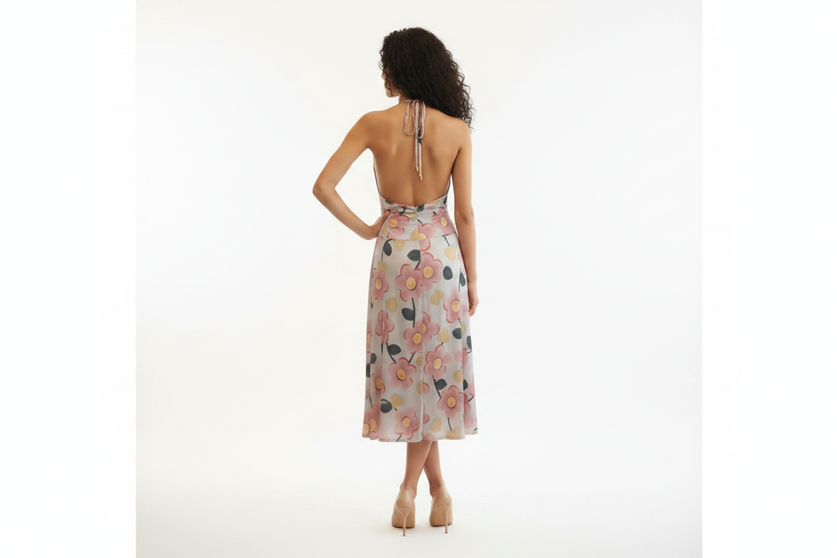 Robe midi florale halter Remanescente vue dos mannequin fond blanc taille 38