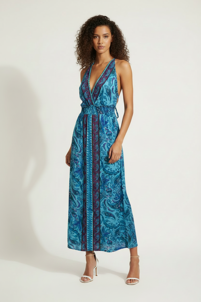 Robe Longue Paisley Turquoise Dos Nu Bretelles Croisées Palak - Taille Unique
