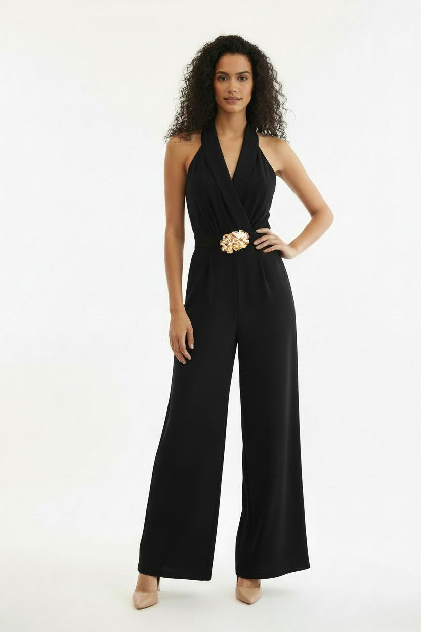 Combi-Pantalon Noir Halter Col V Broche Dorée - F Fashion -  Taille 36-38 - Made in Italy - Pièce unique