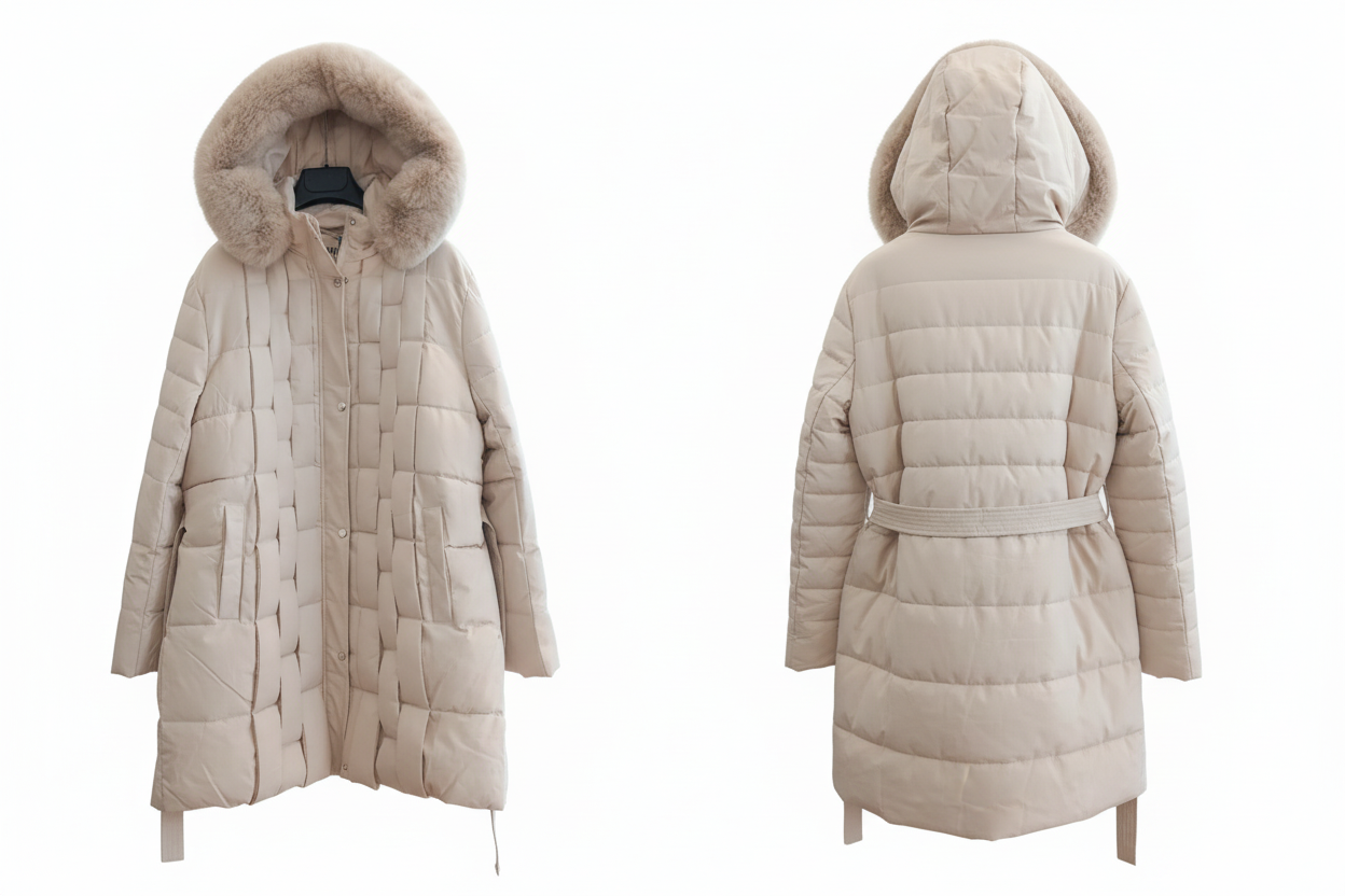Manteau matelassé - Mélie Rose - Col fourrure & ceinture - Taille 3XL/48 - Made in Italy - Pièce unique