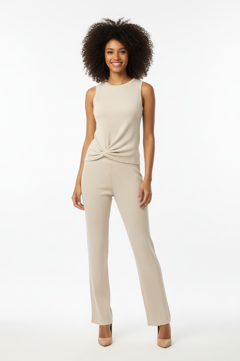 Ensemble 2 Pièces  Beige Côtelé - Top Nœud & Pantalon Droit - Vinceotto - Taille 36-38 - Made in Italy - Pièce unique
