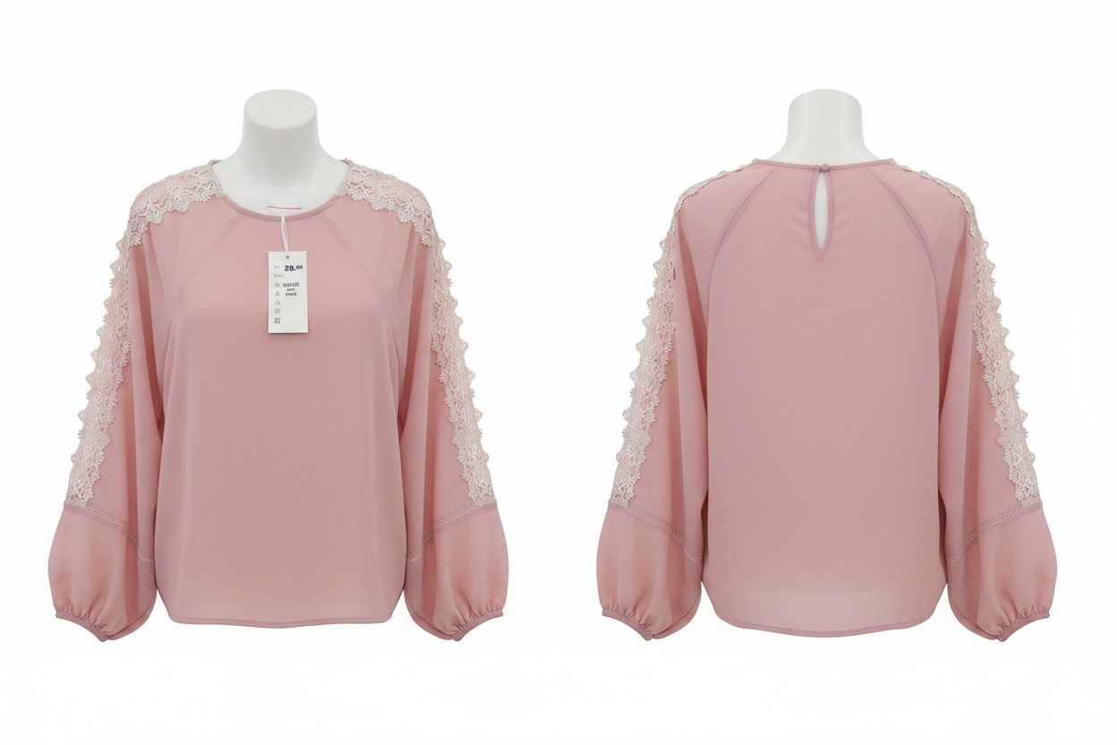 Blouse rose poudré dentelle manches ballon – Taille S/M