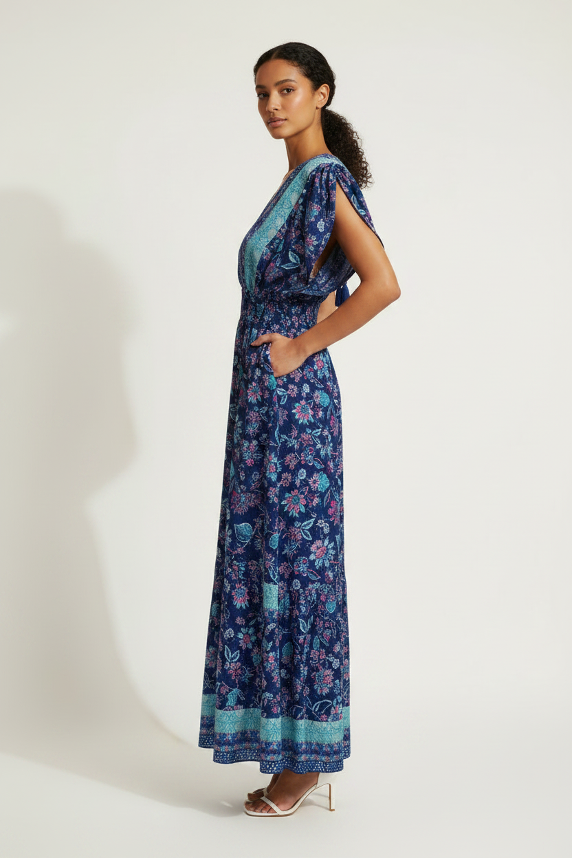 Robe Maxi Bohème Bleue Patchwork Floral Dos Nu - Taille Unique