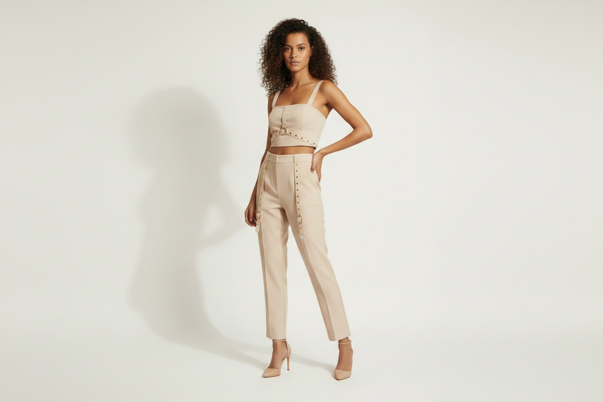 Ensemble LUXX bustier harnais beige vue 3/4 côté mannequin fond blanc taille 38/40