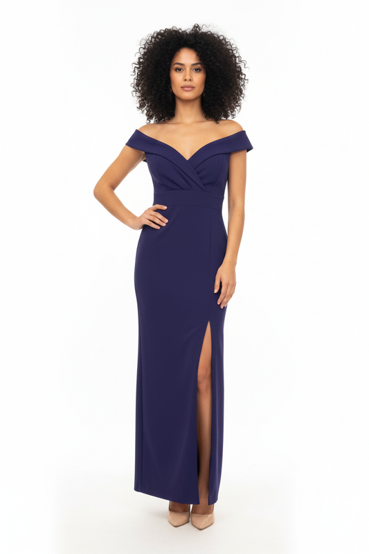 Robe Longue Bleu Marine Bardot Zip Doré - MIROS MILANO - Taille 36-38 - Made in Italy - Pièce unique