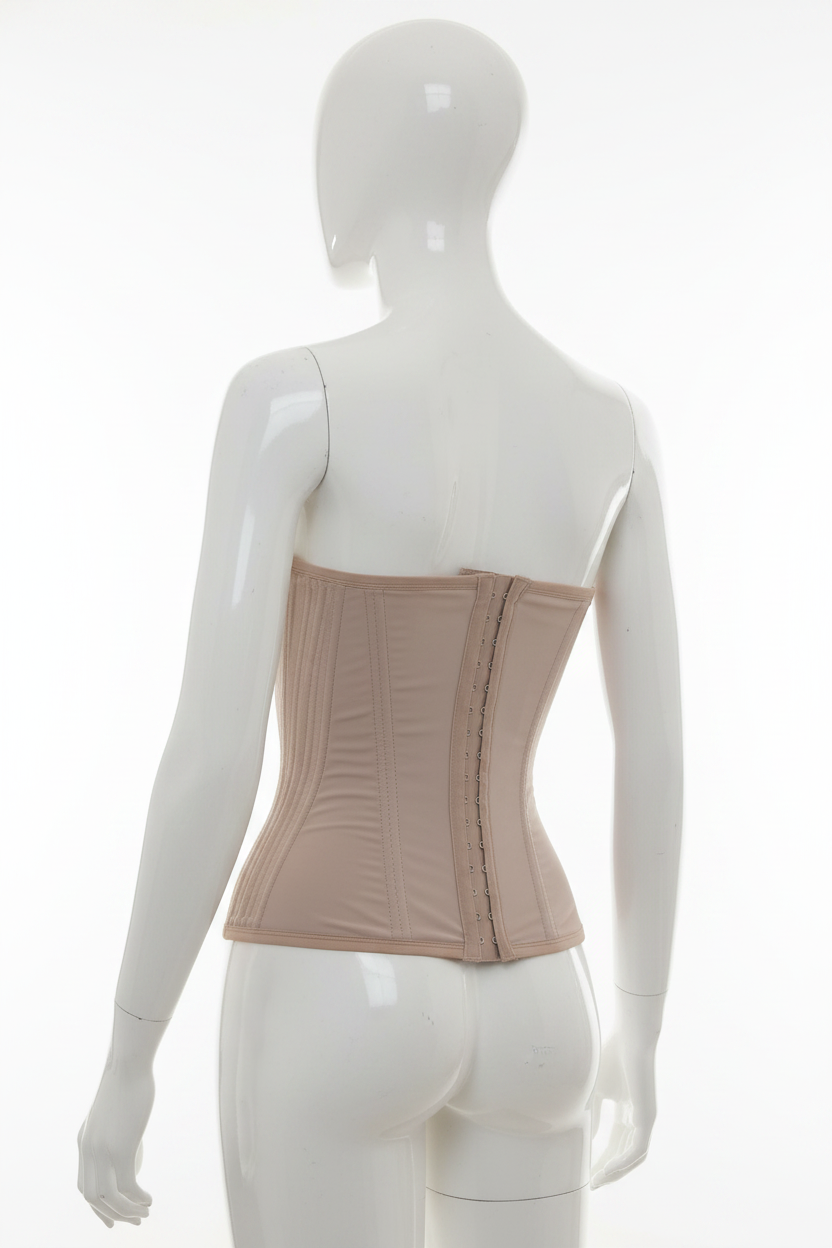 Corset gainant brésilien Divas beige nude vue 3/4 dos mannequin plastique fond blanc