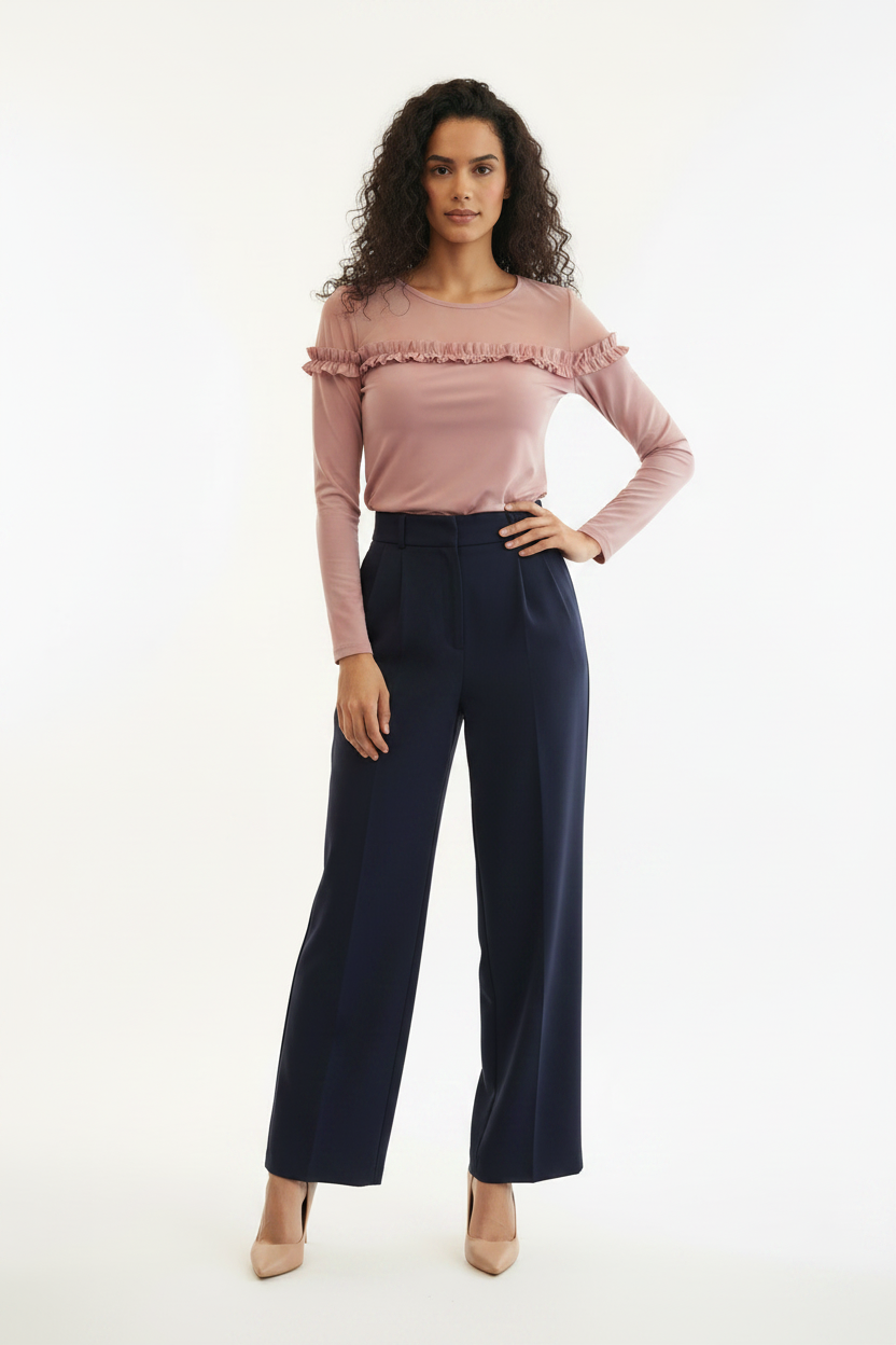 Top rose poudré tulle & volant manches longues - Taille S