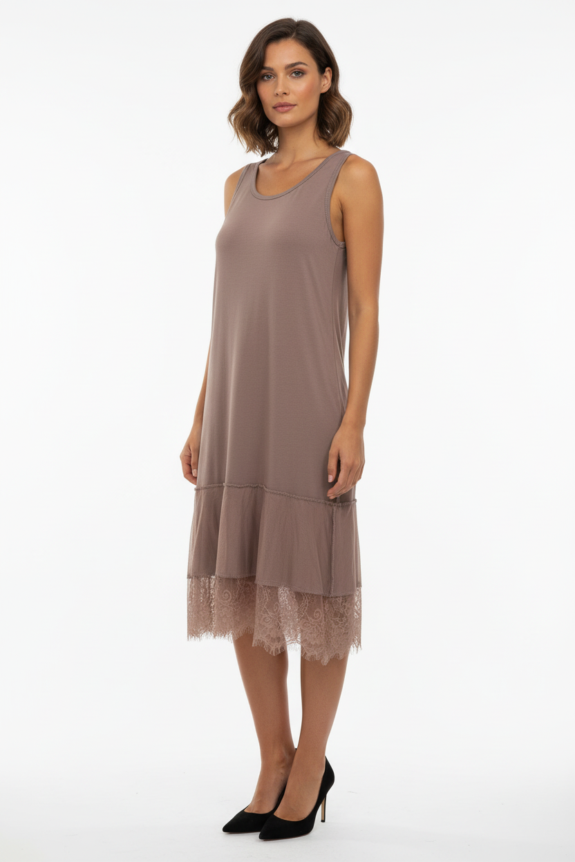 Robe Taupe Tulle Dentelle - Liquì - Taille 36-38 - Made in Italy - Pièce unique
