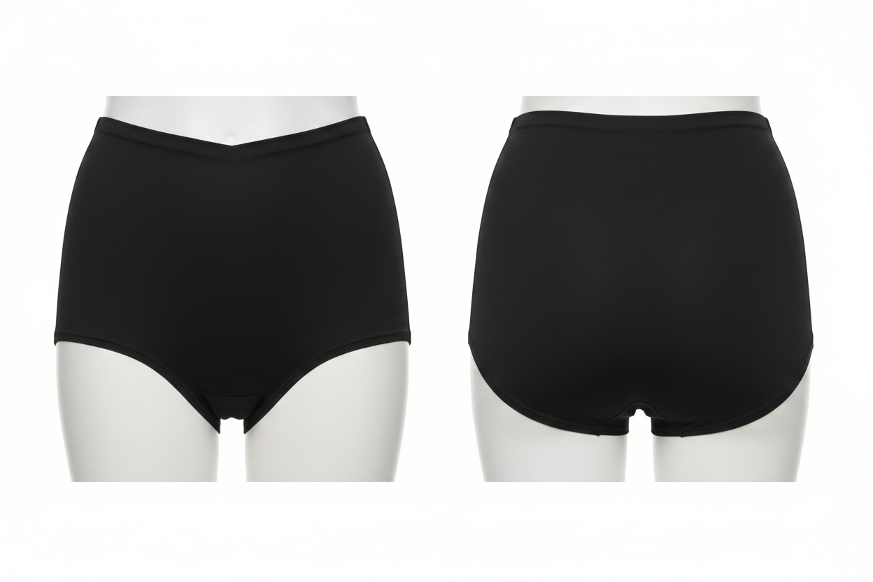 Culotte gainante brésilienne Divas noir ghost mannequin face et dos côte à côte fond blanc