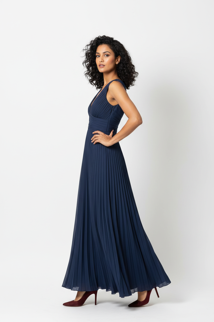 Robe Longue Maxi Bleu Marine Col V Plissée Play Pronto Moda - Taille L/XL