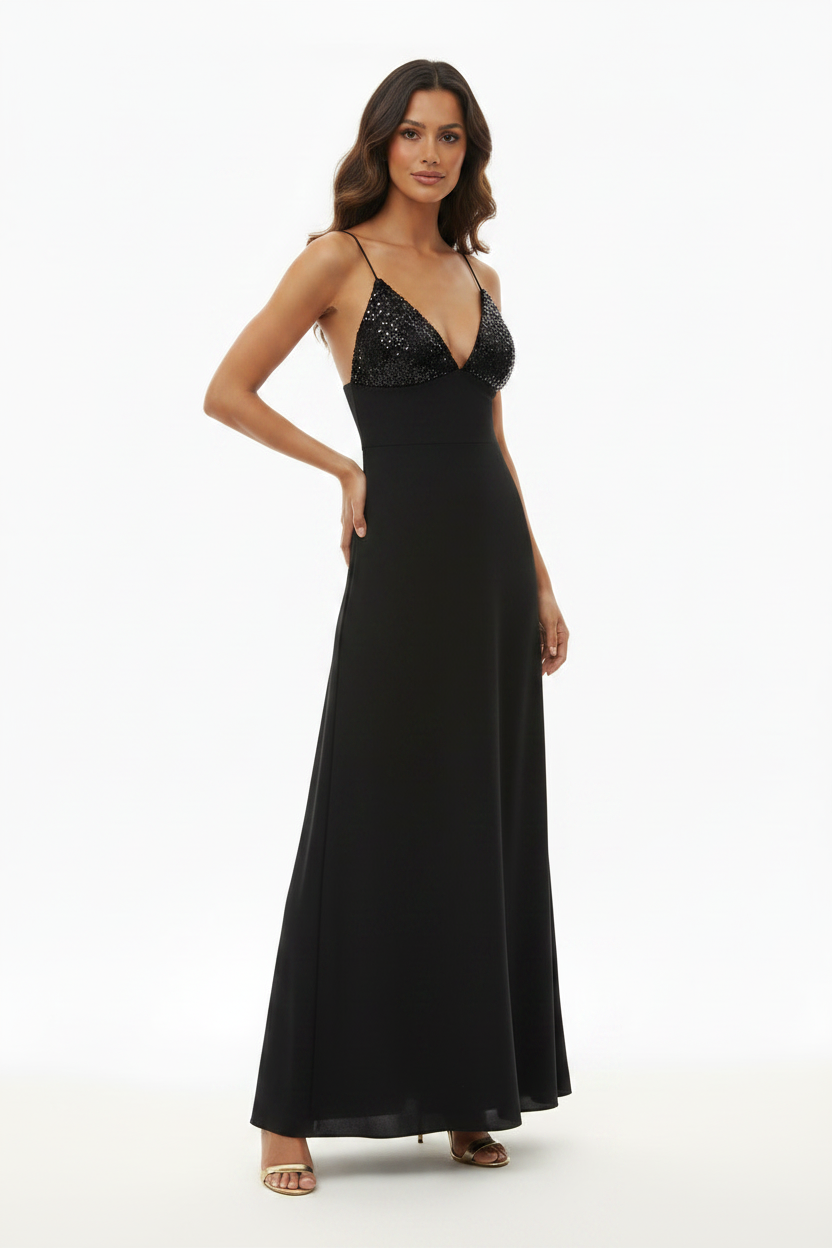Robe Longue Noire Bustier Sequins Bretelles Fines Made in Italy - Taille 36-38