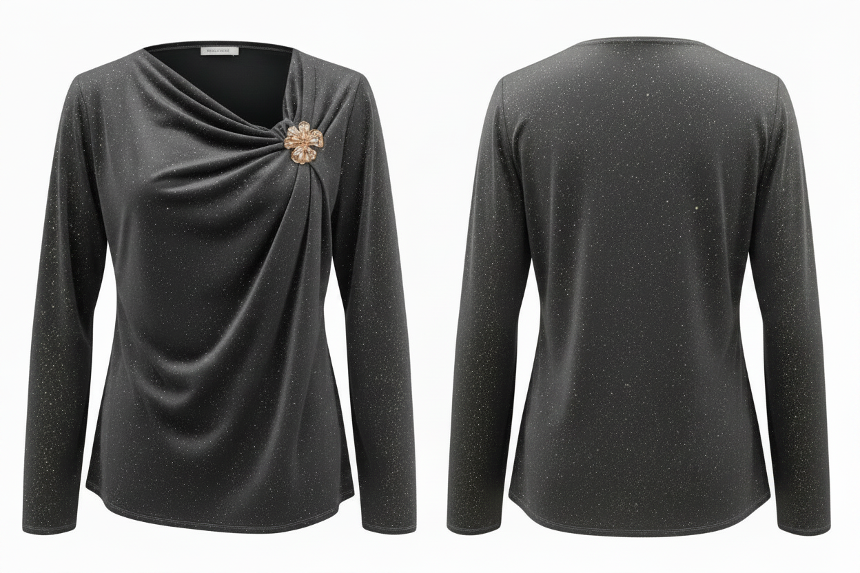 Top Pailleté Gris Drapé Broche Dorée Manches Longues - Taille 40-44  - Pièce unique