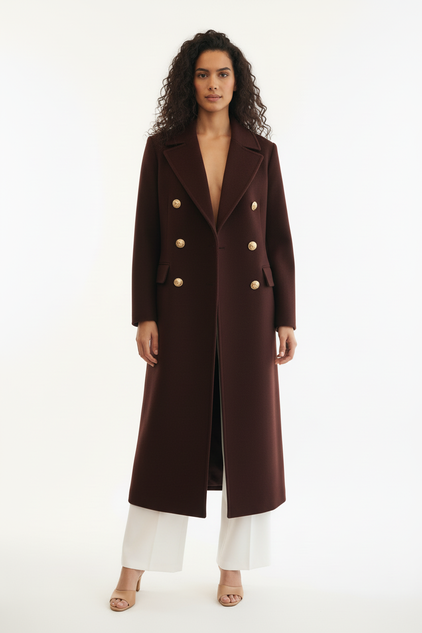 Manteau Long Chocolat Boutons Dorés - Taille L - Made in Italy - Pièce unique