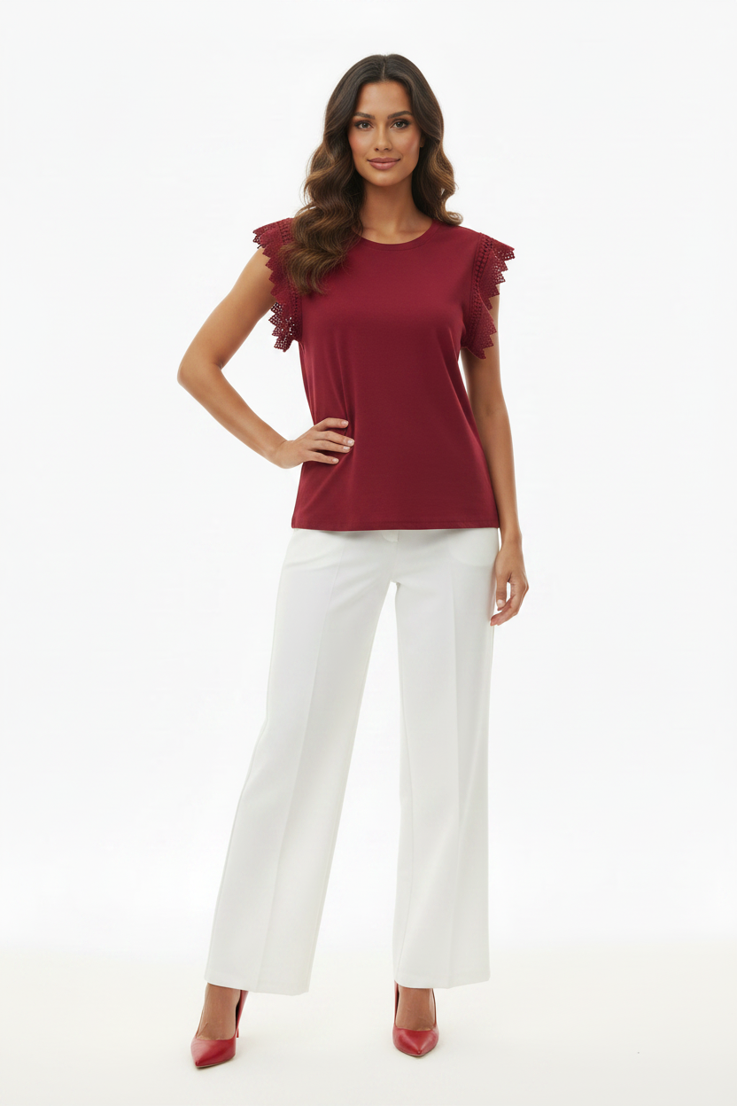 Top Bordeaux Manches Crochet Dentelle La Stella Torino - Made in Italy - Pièce unique - Taille 2 / S-M