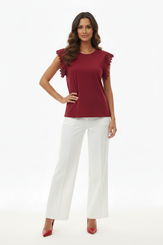 Top Bordeaux Manches Crochet Dentelle La Stella Torino - Made in Italy - Pièce unique - Taille 2 / S-M
