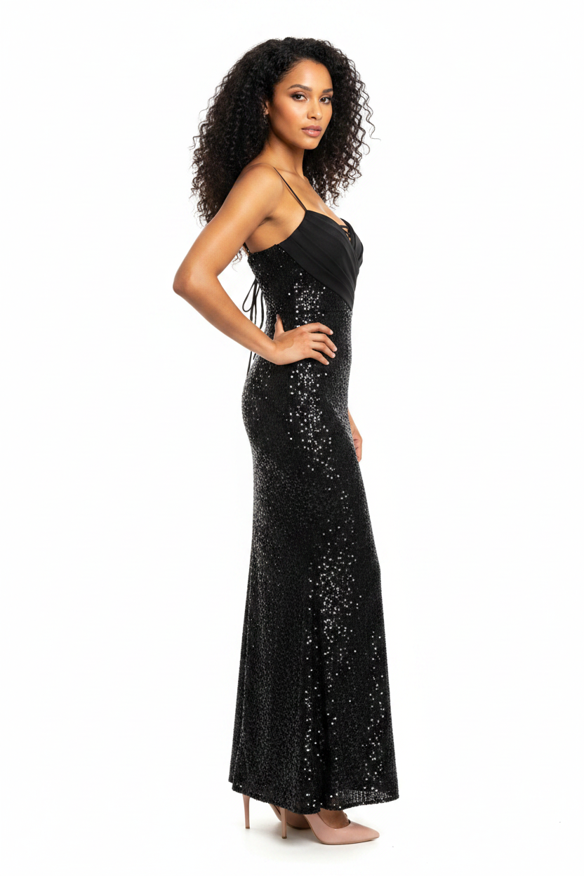 Robe Longue Noire Sequins Col Cœur Izzy - Taille 36-38
