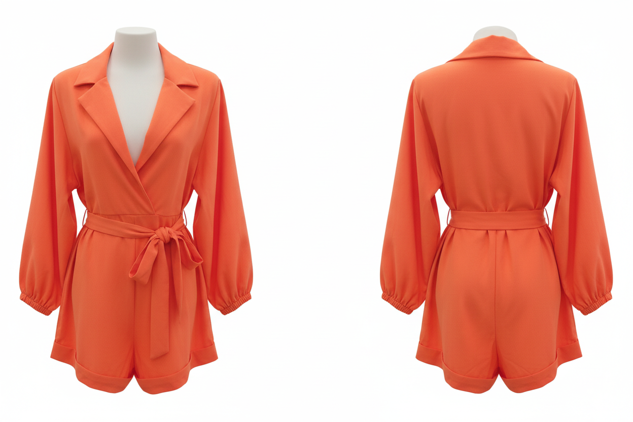 Combi-Short Orange - LAMIAR - Col Cranté & Ceinture Nouée - Taille M - Made in Italy - Pièce unique