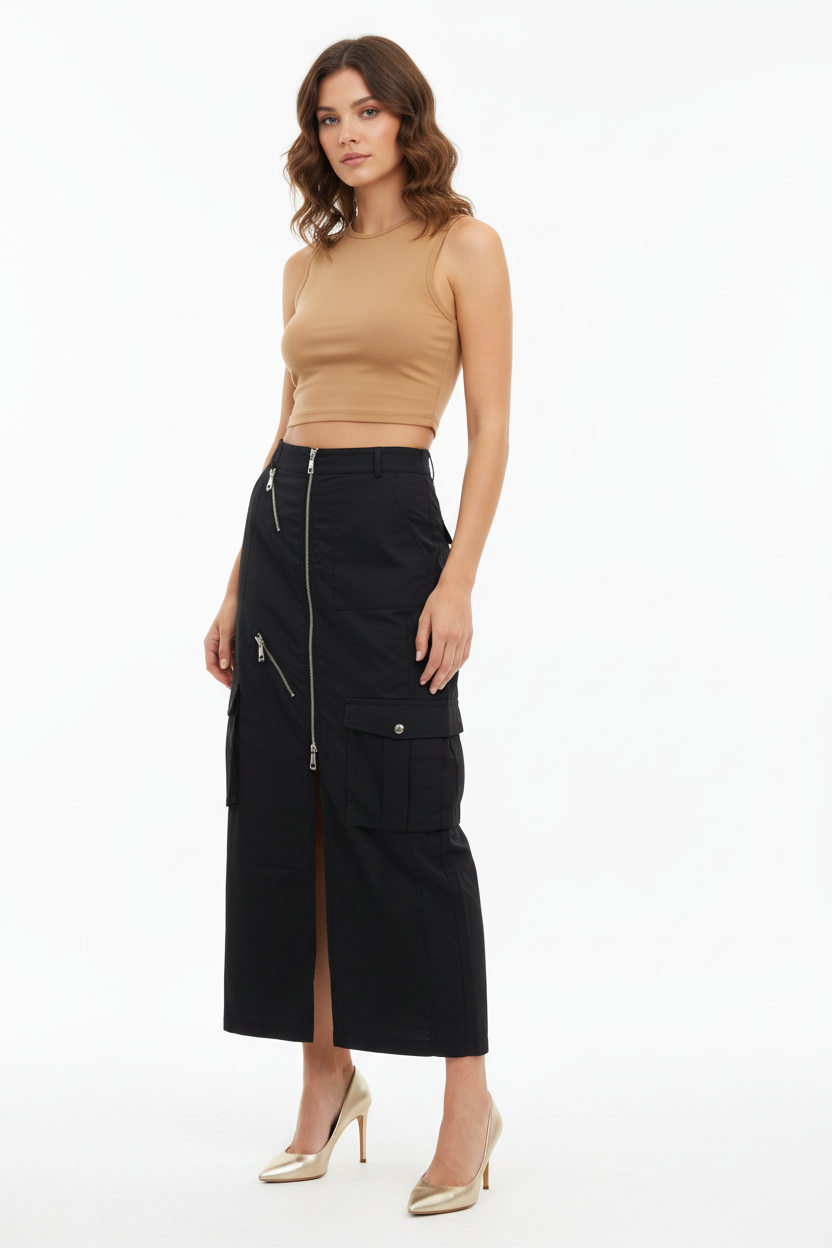 Jupe Longue Cargo Noire Multi-Poches Zips Argentés - Trendy.ing - Taille M - Made in Italy - Pièce unique