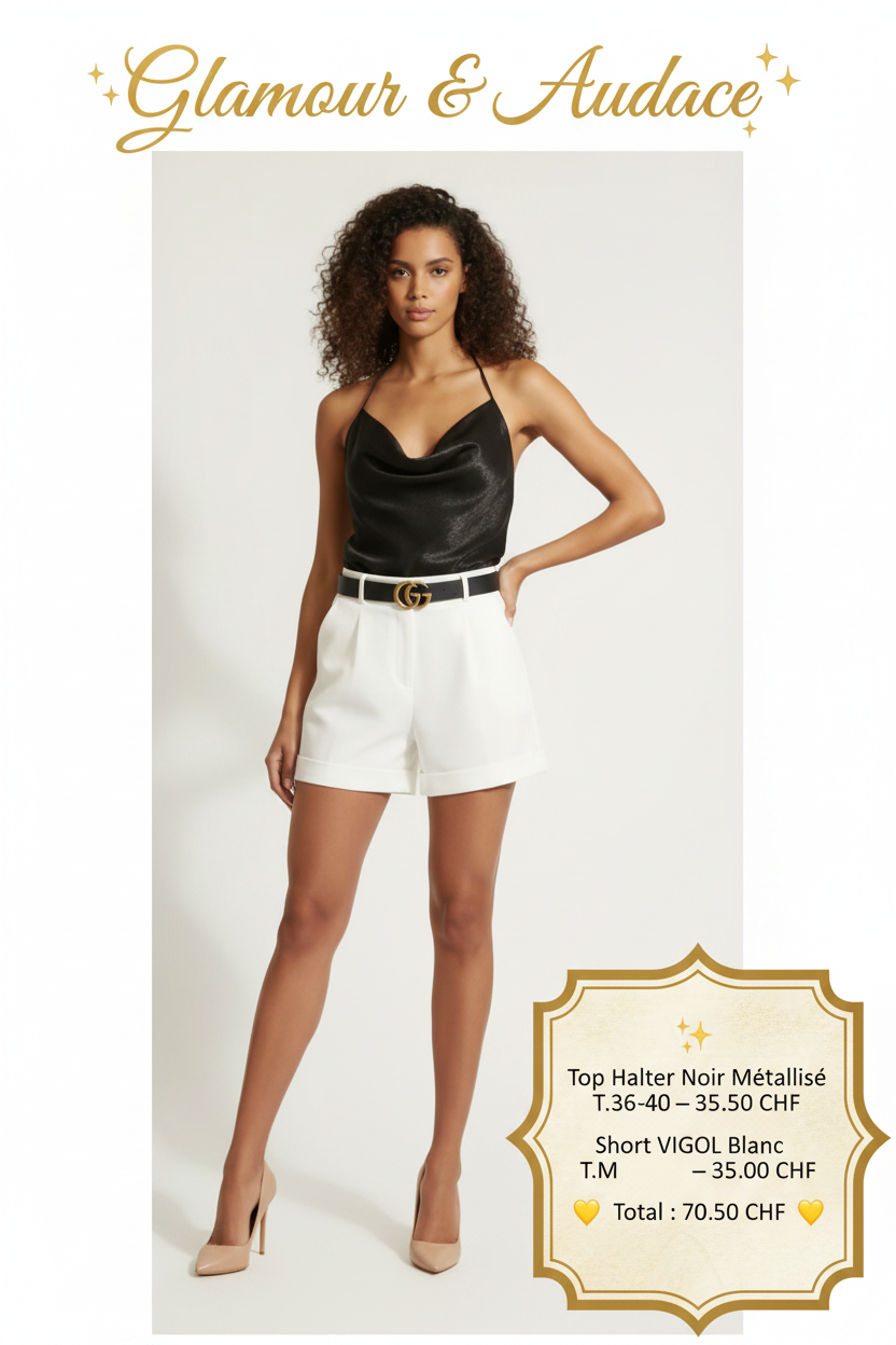 Look Glamour & Audace – Top halter noir métallisé et short blanc ceinture GG, tenue complète Made in Italy