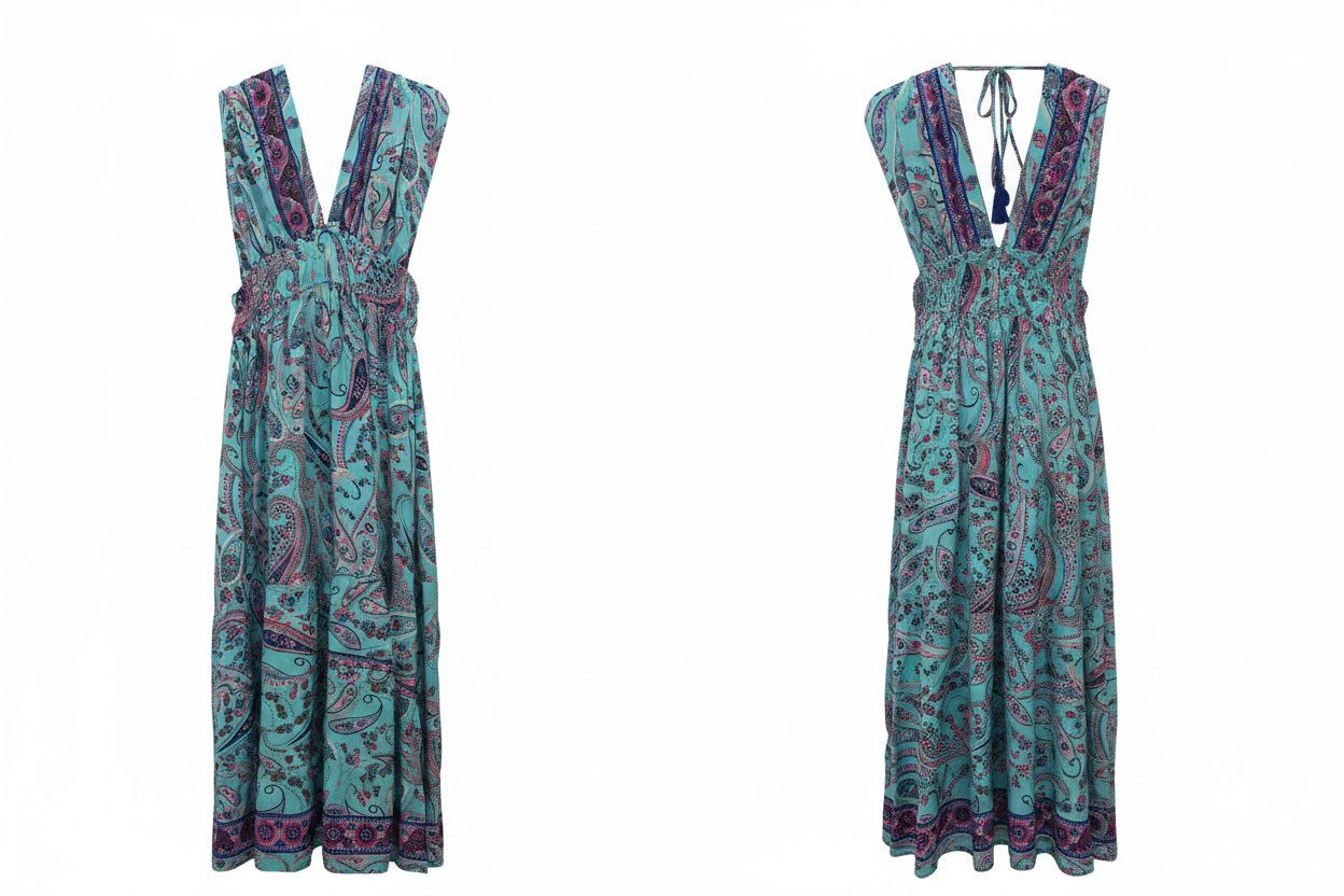 Robe Maxi Bohème Paisley Turquoise Col V Pompons - Taille Unique