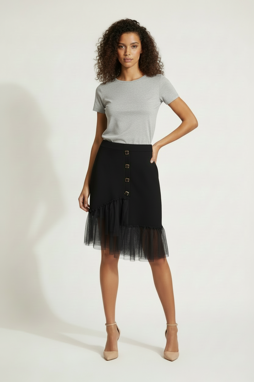 Jupe noire tricot tulle 4 boutons carrés - Taille 38-40- Made in Italy- Pièce unique