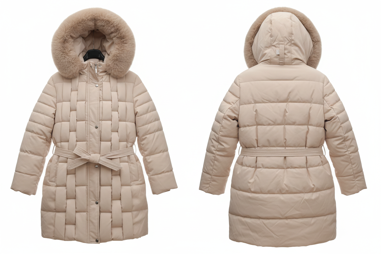 Manteau matelassé - Mélie Rose - Col fourrure & ceinture - Taille 2 XL/46 - Made in Italy - Pièce unique