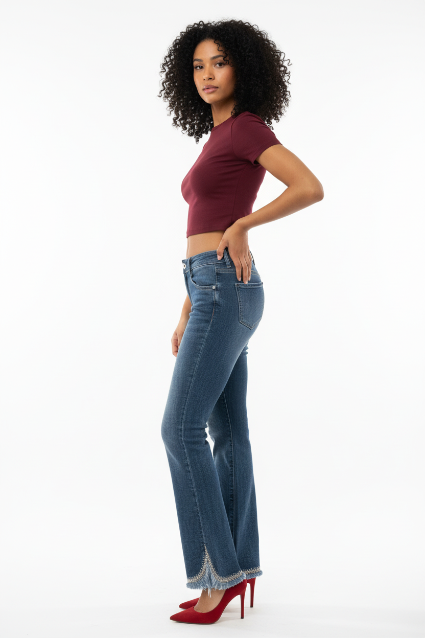 Jean Bootcut Bleu Délavé Ourlet Strass Argentés - Water Jean - Taille M - Made in Italy - Pièce unique