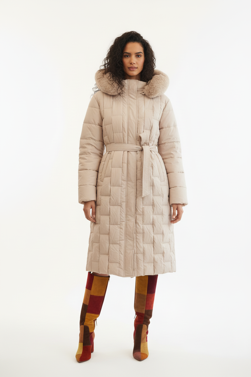 Manteau matelassé  - Mélie Rose - Col fourrure & ceinture - Taille 4XL/50 - Made in Italy - Pièce unique