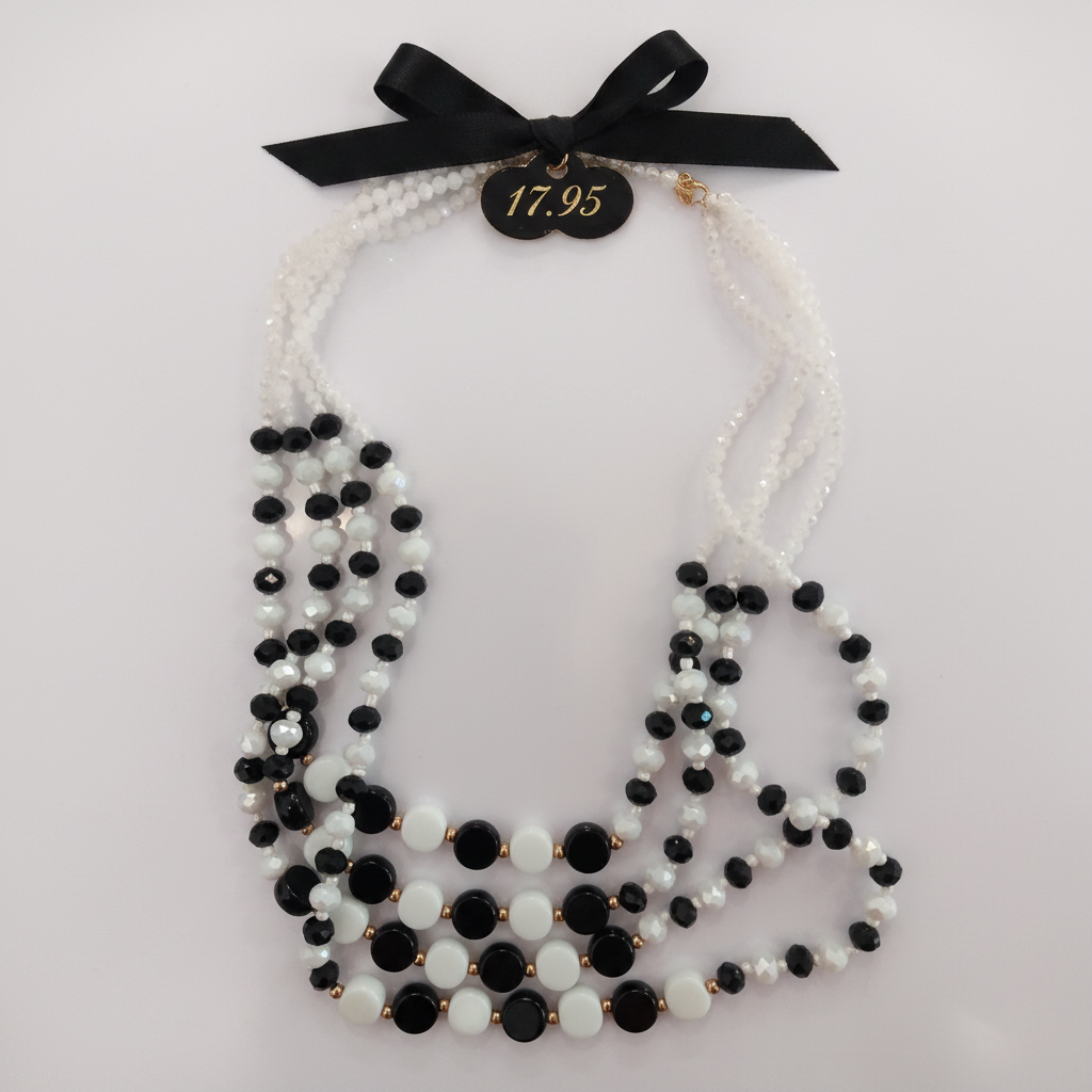 Collier multi-rangs perles noir et blanc