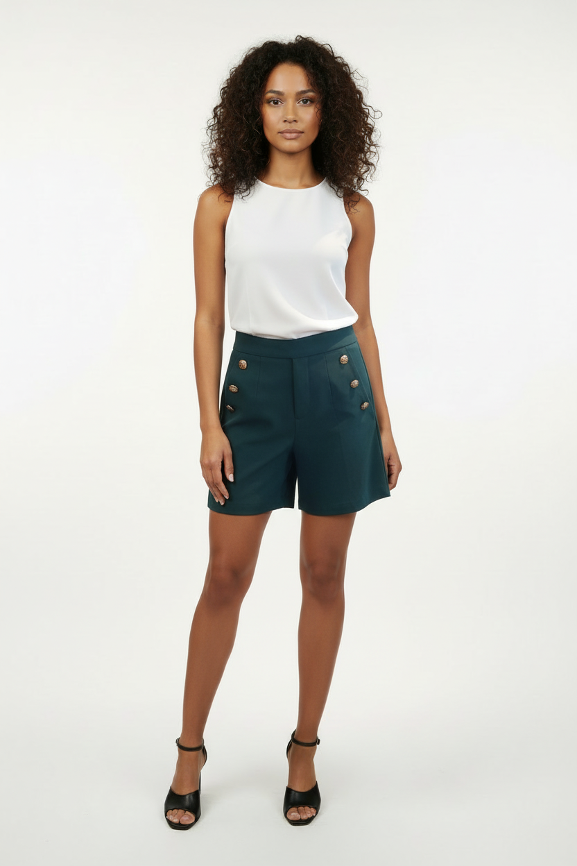 Short - Forget Me Not - Vert Foncé Boutons Dorés - Taille M - Made in Italy - Pièce unique