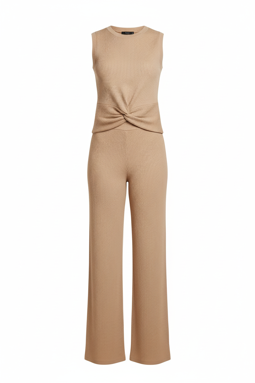 Ensemble 2 Pièces Beige - Vinceotto - Top Noeud & Pantalon Large - Taille 36-38 - Made in Italy - Pièce unique
