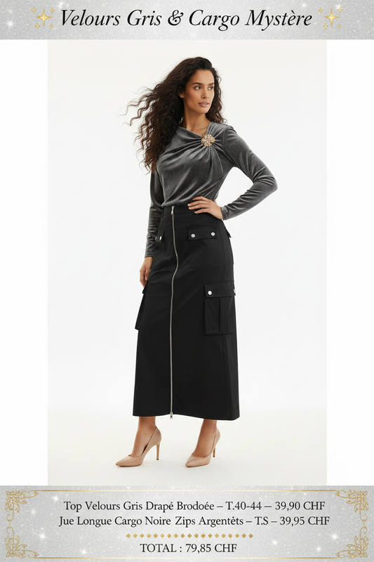 Look Velours Gris Drapé & Jupe Cargo Noire – Duo chic Made in Italy fond blanc