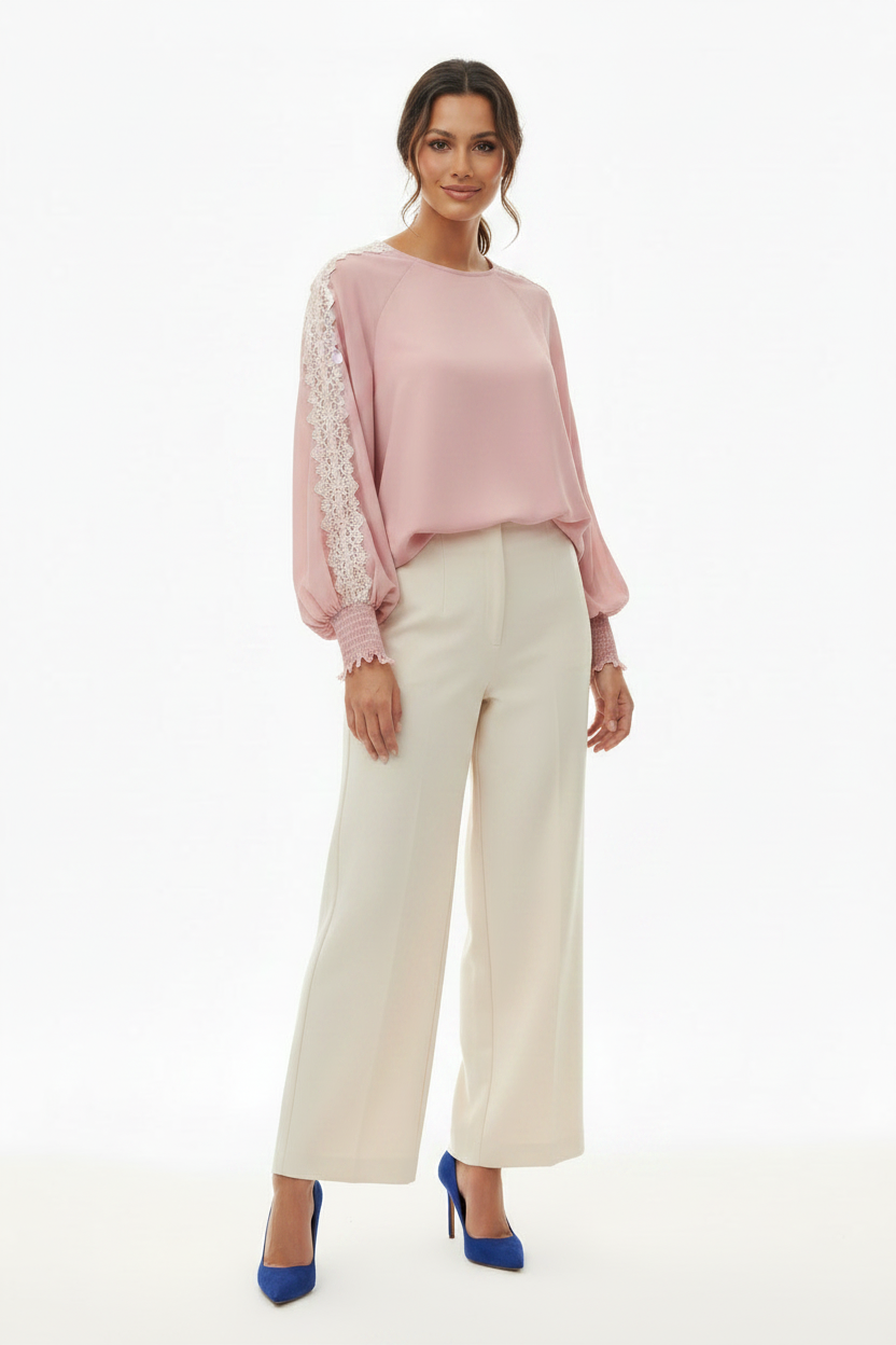 Blouse rose poudré dentelle manches ballon – Taille S/M