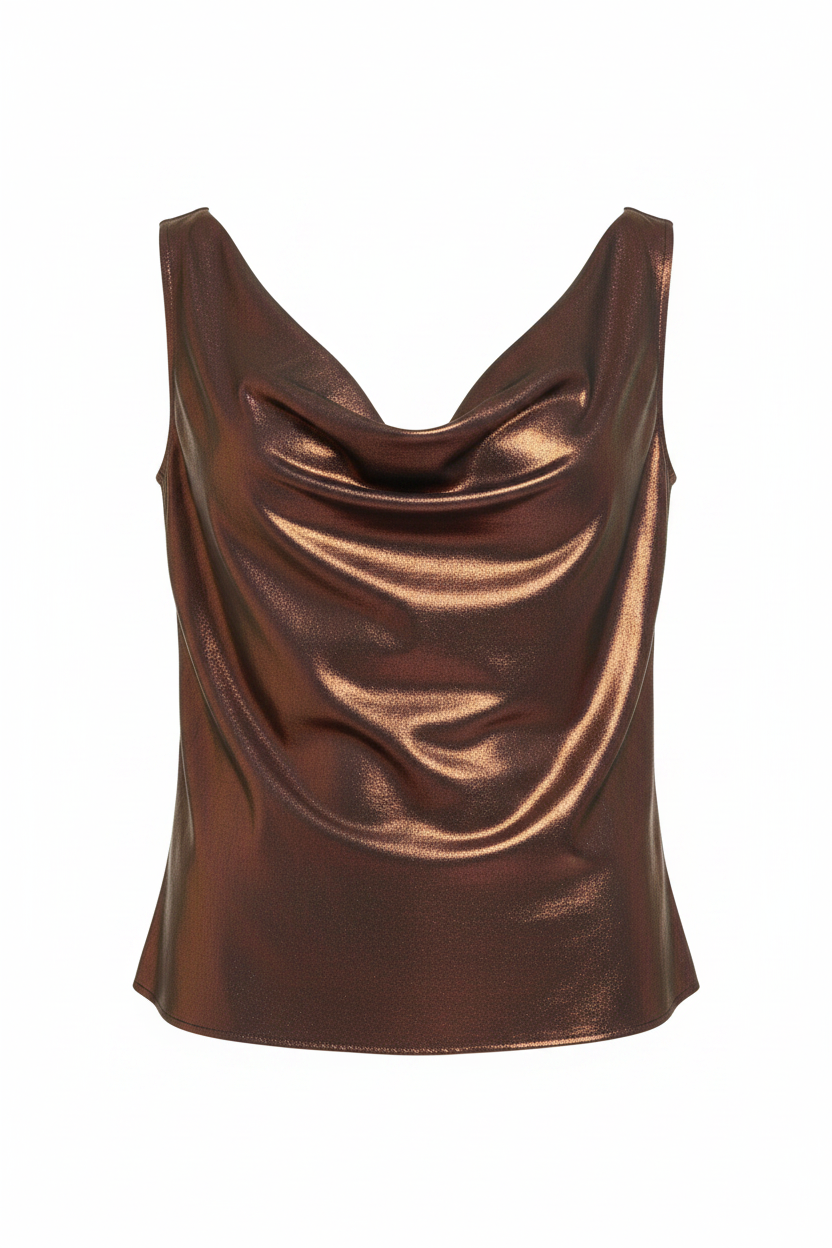 Top Débardeur Métallisé Mauve Doré Col Drapé Cowl Neck - Taille 4 - Pièce unique