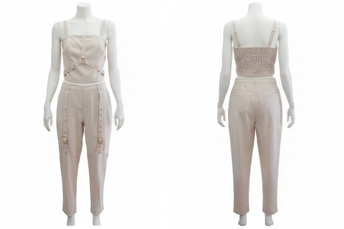 Ensemble LUXX bustier harnais beige ghost vêtement seul face et dos fond blanc