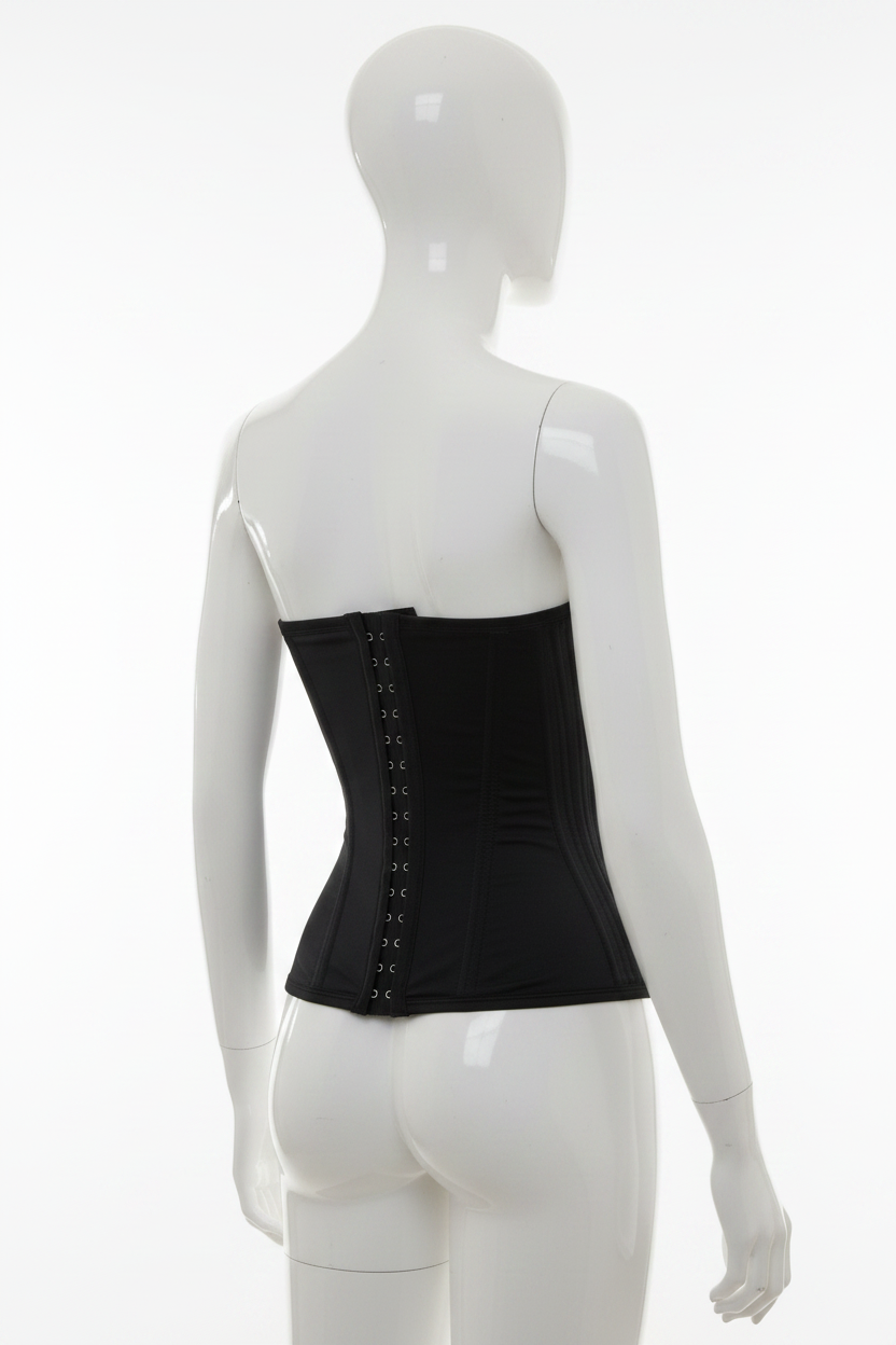 Corset gainant brésilien Divas noir vue 3/4 dos mannequin plastique fond blanc