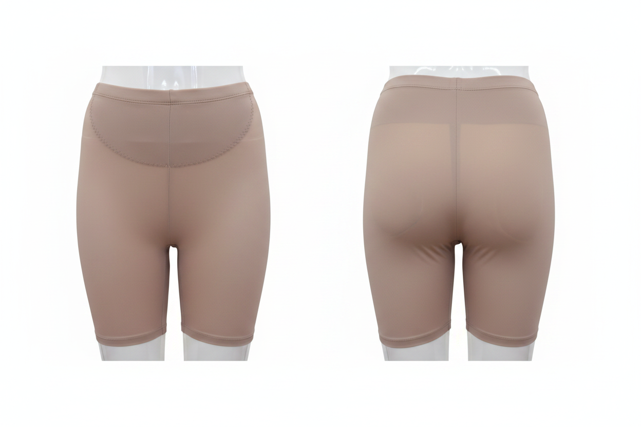 Short gainant brésilien Divas beige rosé ghost mannequin face et dos côte à côte fond blanc