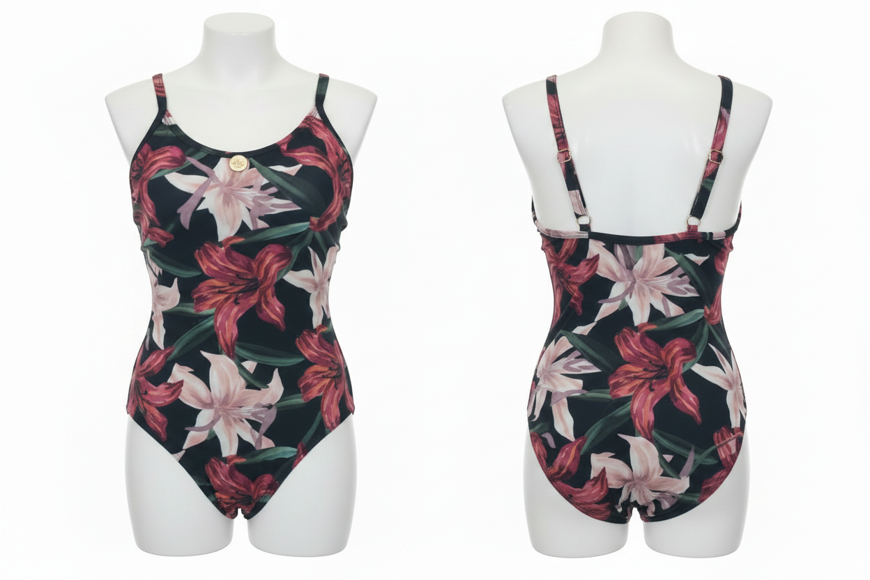 Maillot de bain gainant brésilien imprimé floral lys ghost mannequin face et dos fond blanc