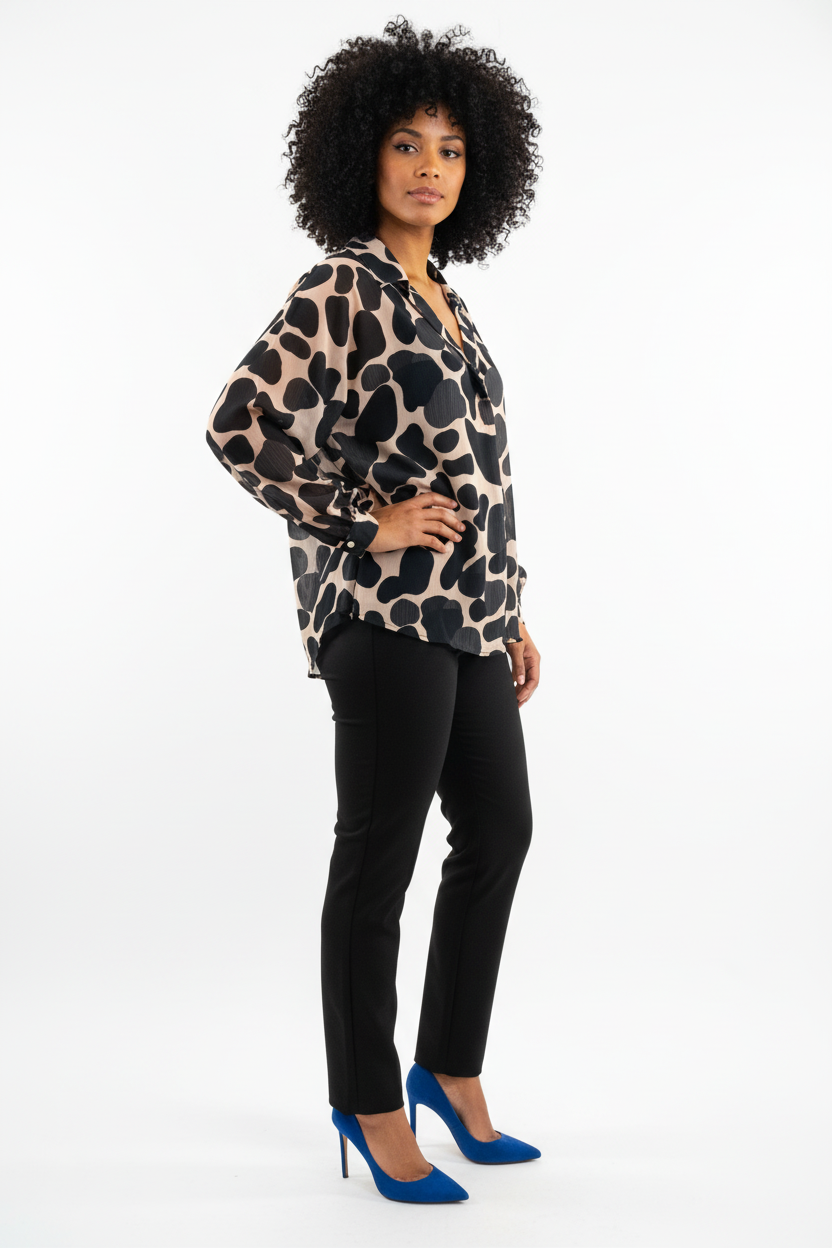 Blouse Oversize Imprimé Graphique Noir & Beige New Collection - Taille 50-52 - Made in Italy- Pièce unique