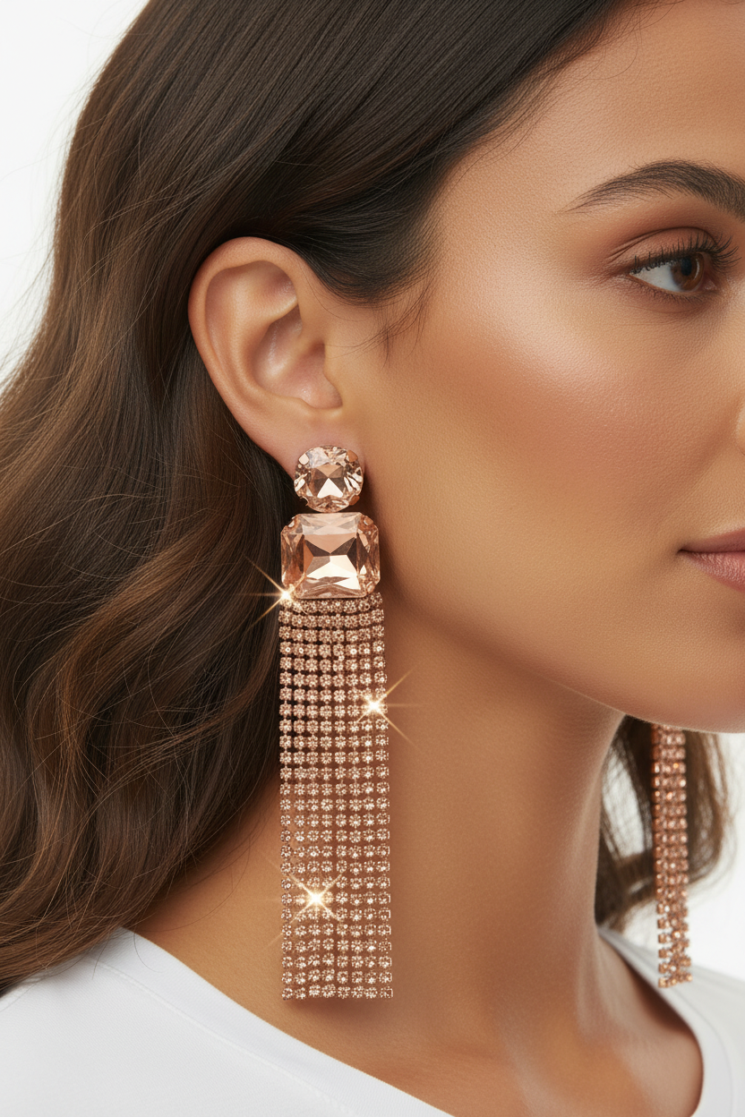 Boucles d'oreilles longues franges strass rose gold