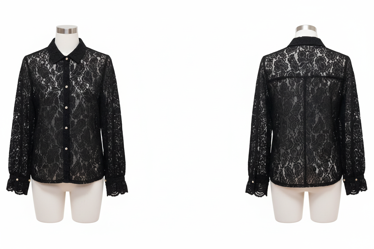 Chemisier Dentelle Noire - Golden Live - Col Chemise & Boutons Perle - Taille M - Made in Italy - Pièce unique
