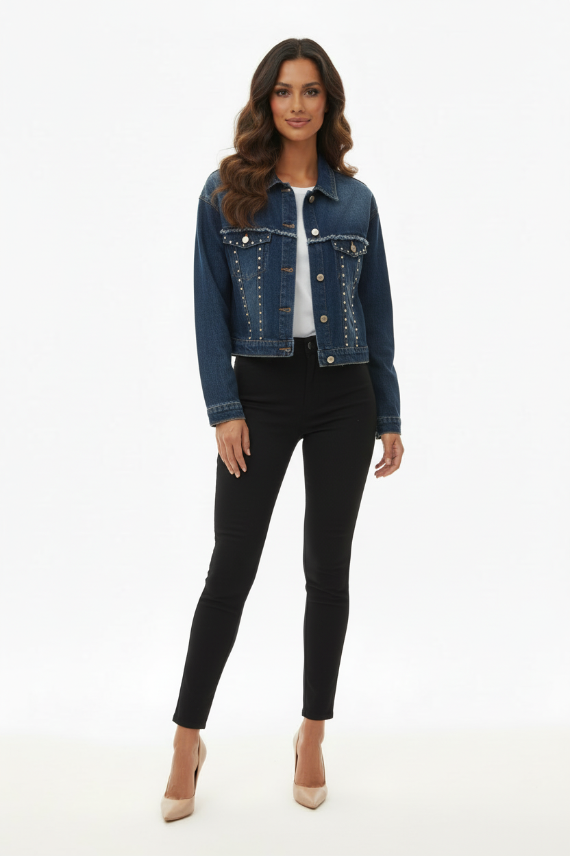 Veste en jean studs & effilochée - Angelica 2000 - Taille L - Made in Italy - Pièce unique