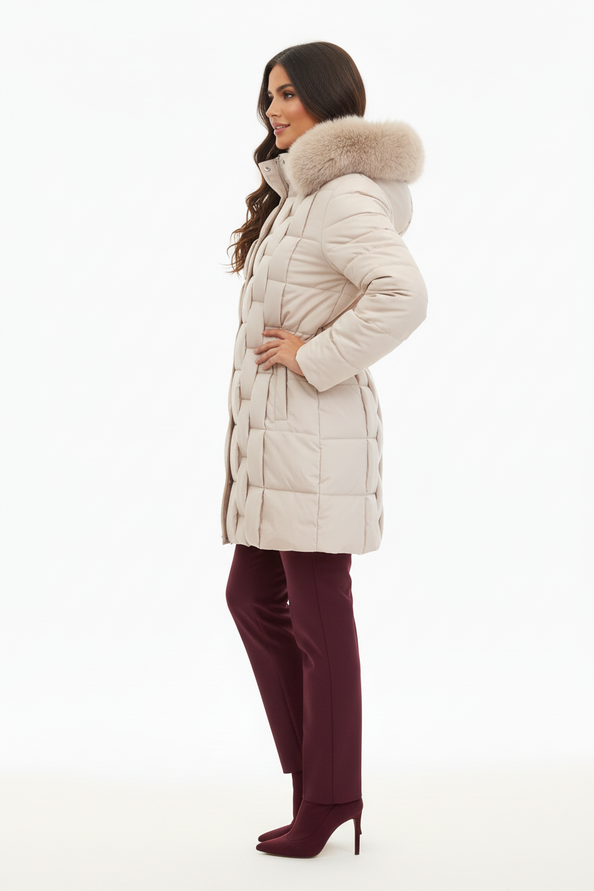 Manteau matelassé - Mélie Rose - Col fourrure & ceinture - Taille 2 XL/46 - Made in Italy - Pièce unique