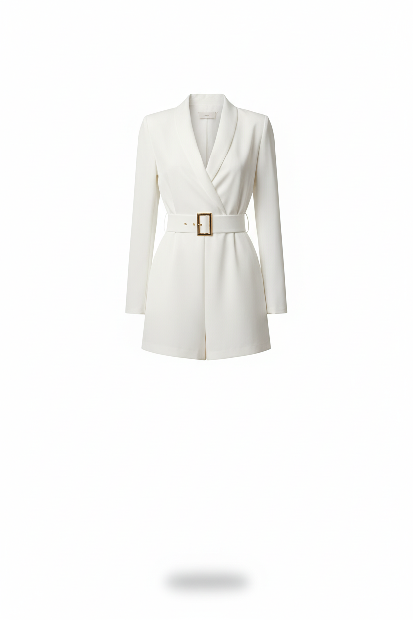 Combi-short Blanc Fluide Coupe Portefeuille & Ceinture Dorée - Taille S/L - Made in Italy - Pièce unique
