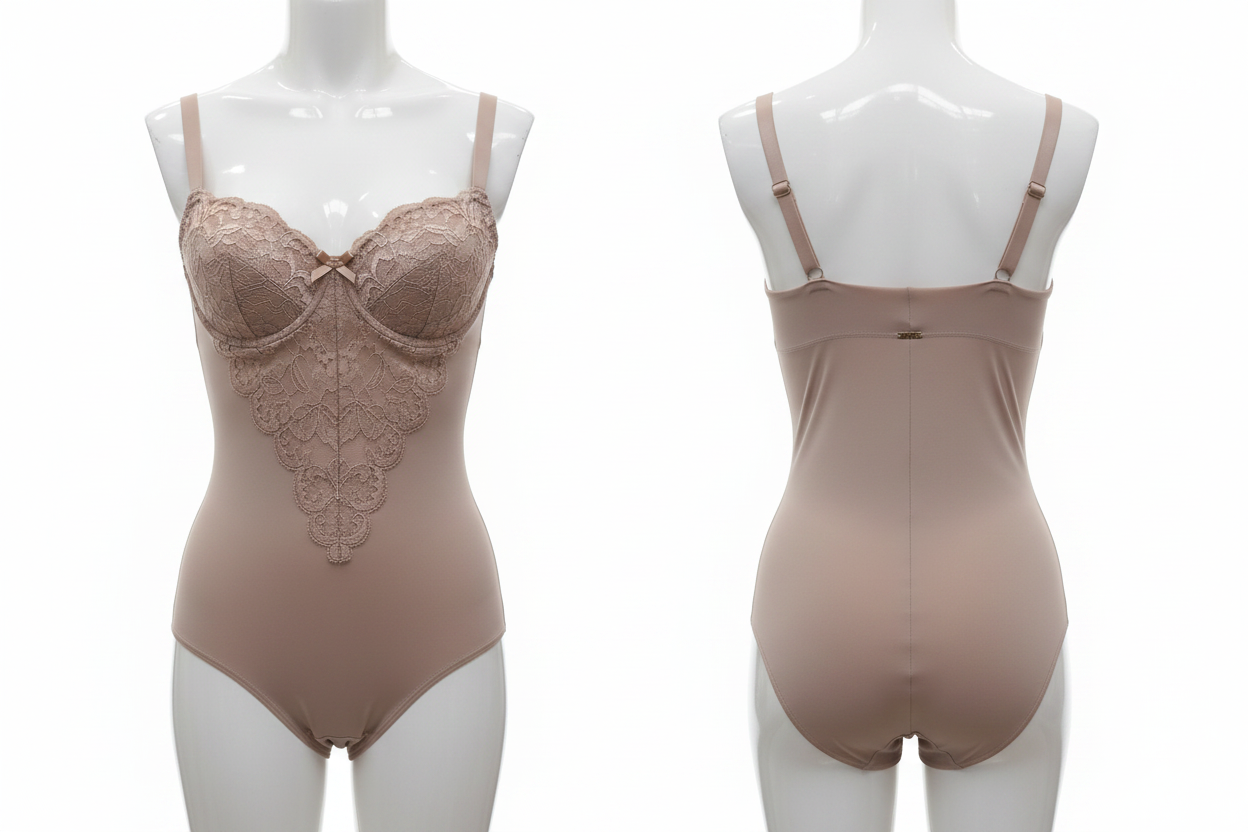 Body brésilien sculptant Divas beige ghost mannequin face et dos fond blanc